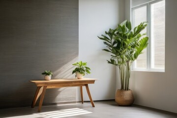 wooden table with a potted plant in front of the wall is accompanied by natural light from the sunshine