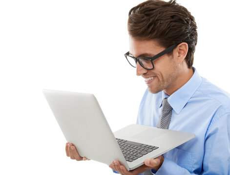 Happy businessman, laptop and reading email, social media or networking on a white studio background. Man, employee or nerd with computer for communication, research or online search on mockup space