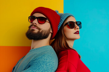 Close up portrait of a diverse fashion models posing for a photo shoot in a professional studio. boy and girl in casual clothing and hats standing back to back over colorful background. Stylish casual