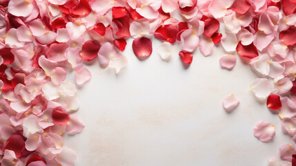 Obraz premium Rose petals on a white background, top view, copy space.