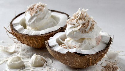 Coconut ice cream with whipped cream, in coconut shells. Sprinkled with coconut flakes