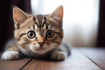 Portrait of a very cute sad kitten with huge eyes in his daily life, space for text