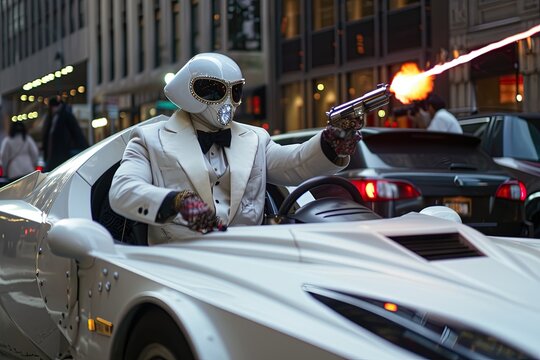 alien secret agent in white tuxedo, driving alien car in Manhattan and shooting with a laser gun