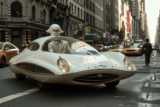 alien secret agent in white tuxedo, driving ultra futuristic alien car in Manhattan