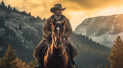 Cowboy riding a horse under beautiful sunset - obrazy, fototapety, plakaty