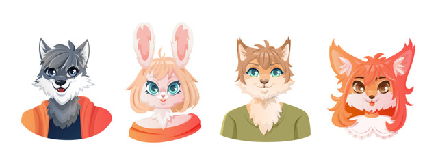 Set of portraits of a cute cartoon anthropomorphic furry characters.