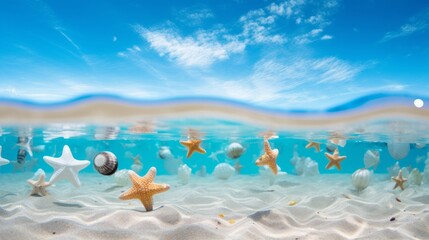 Fototapeta na wymiar Underwater Seascape with Starfish and Sunlight on Ocean Surface