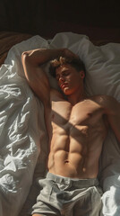 Muscular Man Lying Peacefully in Bed, Relaxed and Shirtless, Revealing Toned Six-Pack Abs, Embracing a Moment of Tranquility