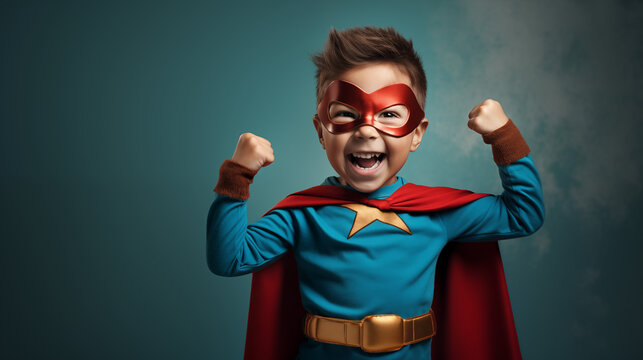 cute kid dressed as a superhero symbolizing growth power 