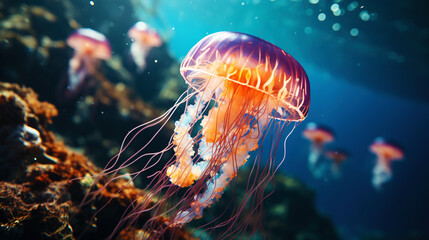 Fototapeta premium A photo of a bright, beautiful jellyfish swimming in the ocean. Generative AI