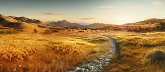 Mountain autumn landscape. Grassy road to the mountains hills during sunset. Nature background. Panorama of autumn field with dirt road and cloudy sky. - obrazy, fototapety, plakaty