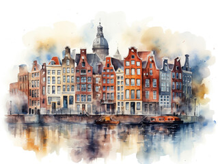 Amsterdam canal houses. Netherlands watercolor travel postcard and illustration. 