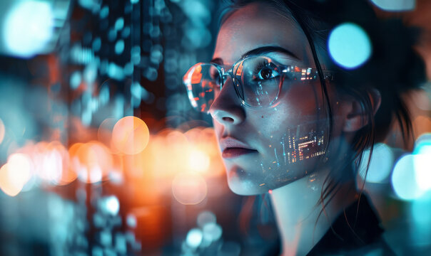 a futuristic portrait of a businesswoman with holographic screens, incorporating glitch effects and reflections