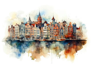 City of Amsterdam, Netherlands, with its traditional old houses on the canal. Watercolor illustration