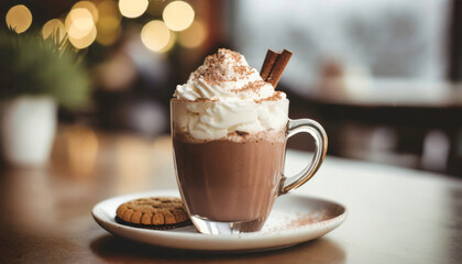 A glass of hot chocolate and whipped cream, a cookie next to it. The interior of the cafe at the back