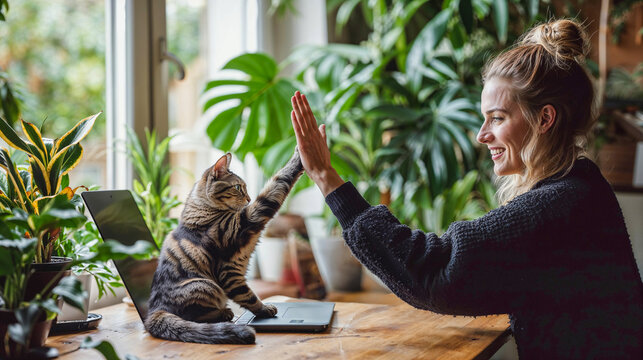 Woman Giving High Five to Cat, Indoor Greenery, Work-Life Balance