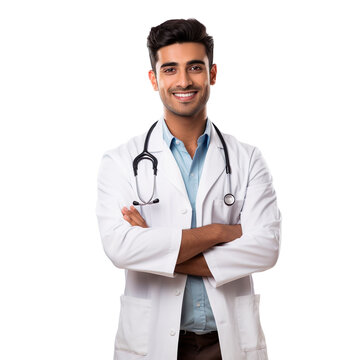 Front view of an extremely handsome Indian male model dressed as a Doctor smiling with arms folded, isolated on a white transparent  background