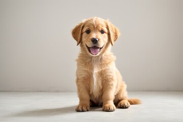 Cachorro golden retriever, sentado, mirando a cámara, feliz, sobre fondo blanco