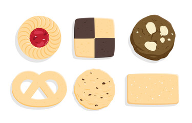 Top view of assorted traditional butter cookies, checkboard cookie, round jam cookie, almond chocolate cookie, raisin cookie, rectangle cookie, pretzel cookie