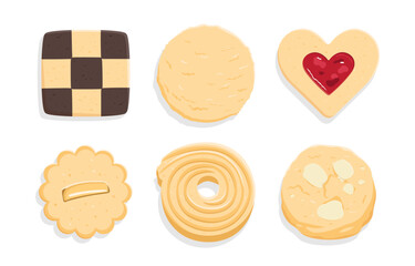 Top view of assorted traditional butter cookies, checkboard cookie, heart shape jam cookie, almond chocolate cookie, raisin cookie, round cookie,  swirl cookie