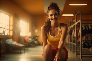 woman sitting on stairs in the gym