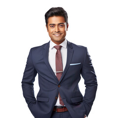 Front view of an extremely handsome Indian male model dressed as a News Anchor smiling with arms folded, isolated on a white transparent  background