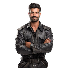 Obraz premium Front view of an extremely handsome Indian male model dressed as a Welder smiling with arms folded, isolated on a white transparent background
