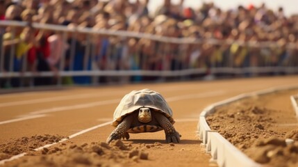 Tortoise winning the race, turtle walking down a red track in a concept of racing or getting to a goal no matter how - obrazy, fototapety, plakaty