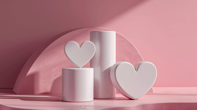 Realistic 3d pink standing podium with heart shape. Valentine promotion product display. Vector illustration.
