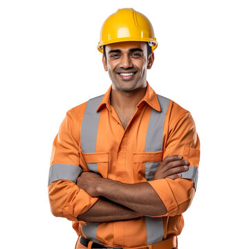 Front view of an extremely handsome Indian male model dressed as a Electrician smiling with arms folded, isolated on a white transparent  background
