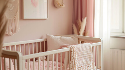 Fototapeta na wymiar A pink nursery bedroom for a baby girl with tones of beige, baby cot or crib, pink accessories, pregnancy, baby, newborn, toddler, motherhood, mother oh baby
