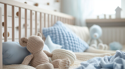 A blue nursery bedroom for a baby boy with tones of beige, baby cot or crib and teddy, decor, bed, pregnancy, baby, newborn, toddler, motherhood - obrazy, fototapety, plakaty