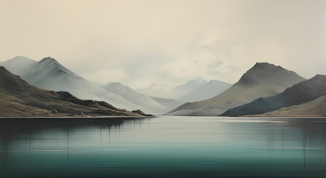 The image of a calm and serene lake reflects the surrounding mountains and sky, offering a serene, textural backdrop