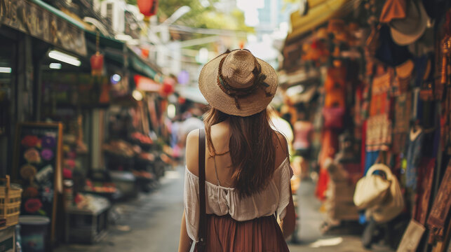A young woman with long hair smiles happily as she walks through the streets of a foreign capital, vintage, street photos of a female traveler