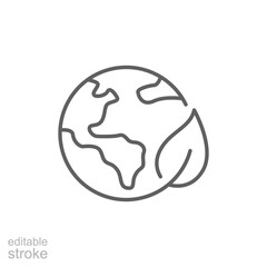 Green earth planet icon. Simple outline style. World ecology, globe with leafs, eco environment logo, save nature concept. Thin line symbol. Vector illustration isolated. Editable stroke.