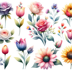 Fototapeta na wymiar A set of watercolor flower clipart on a white background.