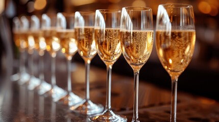 Elegantly aligned champagne flutes sparkling before a celebration.