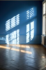 Light cobalt wall and wooden parquet floor, sunrays and shadows from window