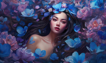 Portrait of a beautiful young woman with long brown hair laying among blue and purple flowers. Digital illustration. 