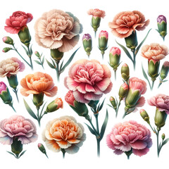 A set of watercolor carnation flower clipart on a white background. 