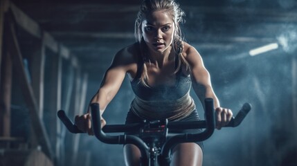 Fototapeta na wymiar woman doing cardio on the crossfit bike. Her hair is flying from the air flow. Copy space