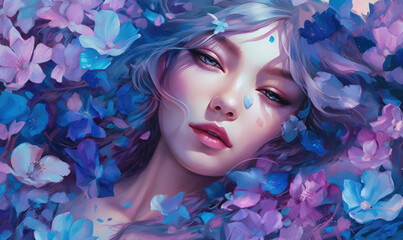 Illustration of a beatiful young woman with blonde hair among purple and blue petals. Ethereal beauty concept. 
