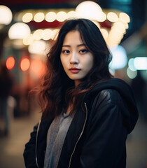 Outdoors portrait of a young asian woman in a night city setting. 