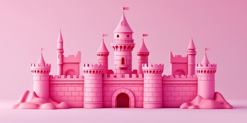 Magic Pink Princess Castle with flags and towers. Cartoon Style. Children’s game. For games. Fantasy kingdom. Toy. Fairy-tale colourful design. 3D Illustration for book. Isolated on plain