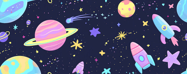Repeating pattern with cartoon rockets, balloons,  flying across a starry night sky, space pattern ,kids wallpaper