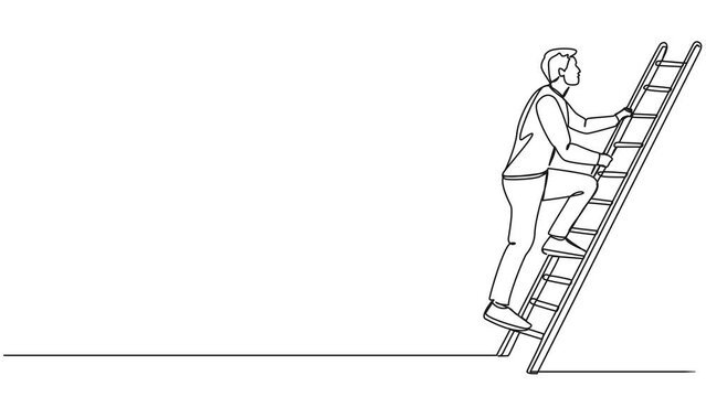 animated continuous single line drawing of man climbing up a ladder, line art animation