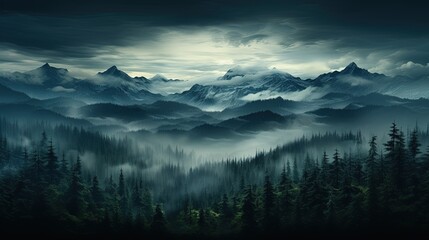 Evening dense foggy forest with high mountains in distance. Mysterious and atmospheric forest...