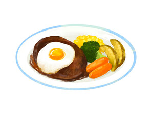目玉焼きの乗ったハンバーグのイラスト　レストラン