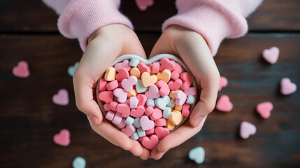Little girl's hands holding a heart shape for Valentine's Day - obrazy, fototapety, plakaty