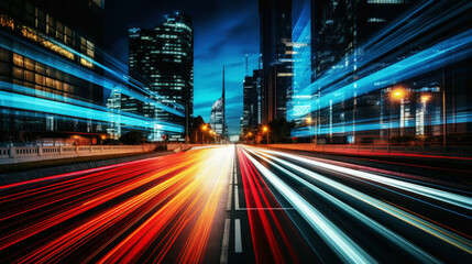 Fototapeta na wymiar Long exposure photo of a night road in a metropolis. Nighttime atmospheric light from cars. Generative AI